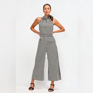 Wyatt Wylde Stella Striped Black & White Halter Wide-Leg Jumpsuit Size S